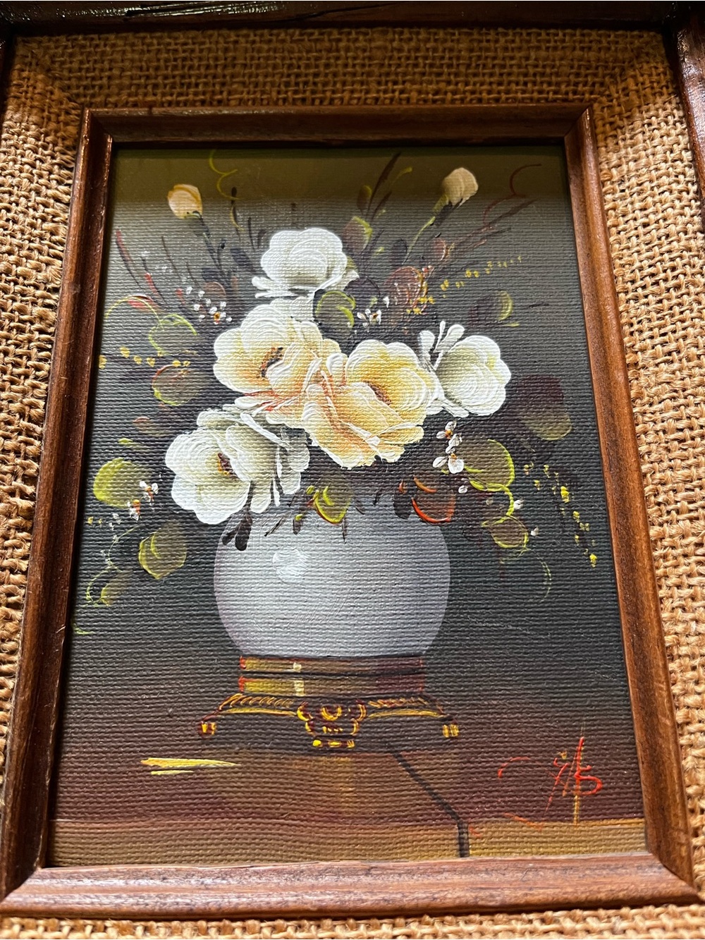 1950s Vintage Hand painted Framed Floral Wall Art in Brown White and Yellow